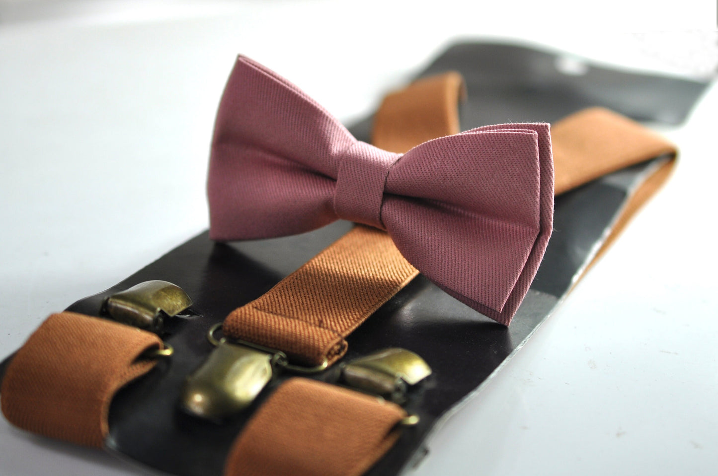 Dusty Rose Pink Cotton Bow tie Bowtie + Tan Brown Elastic Suspenders Braces for Men / Youth Teenage/ Boys Kids / Baby Infant Toddler