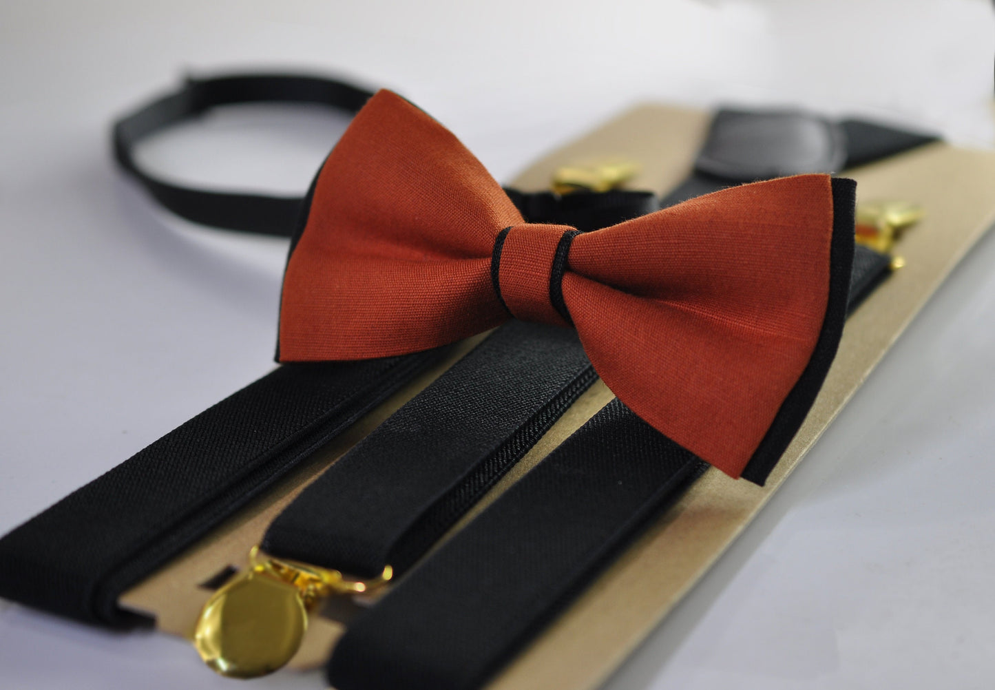Burnt Orange and Black Linen Bow tie Bowtie + Black Suspenders Braces for Men / Youth Teenage/ Boys Kids / Baby Infant Toddler