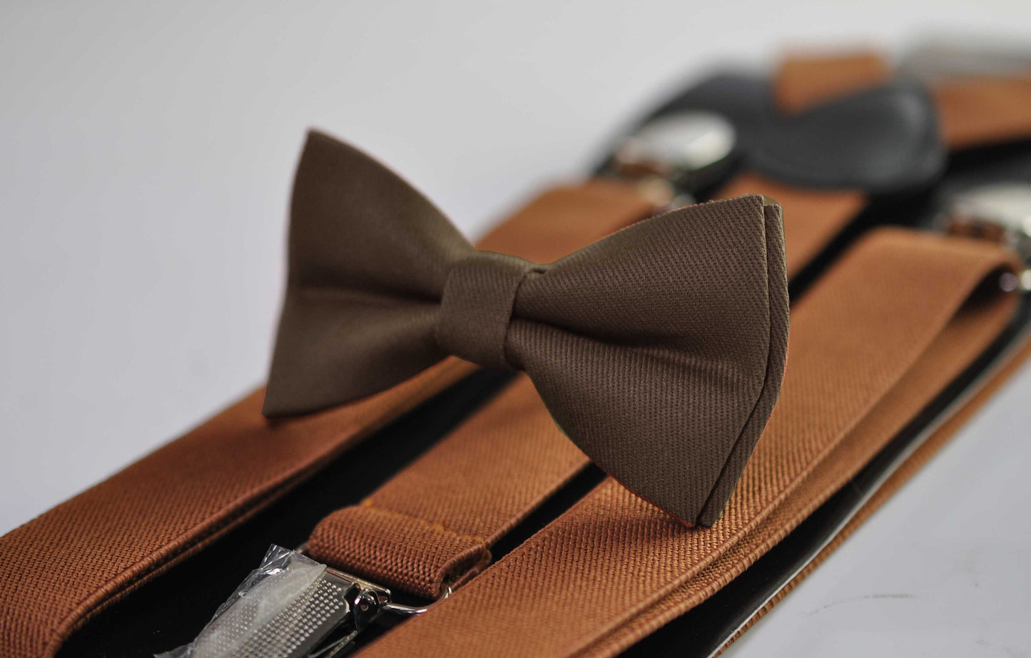 Toffee Brown Cotton Bow tie Bowtie + Tan Elastic Suspenders Braces for Men / Youth Teenage/ Boys Kids / Baby Infant Toddler