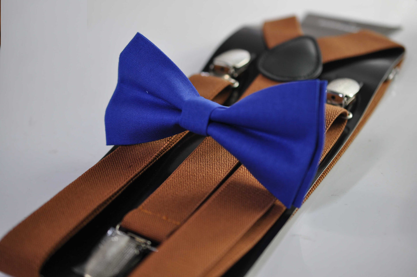 Indigo Royal blue Cotton Bow tie Bowtie + Tan Brown Elastic Suspenders Braces for Men / Youth Teenage/ Boys Kids / Baby Infant Toddler