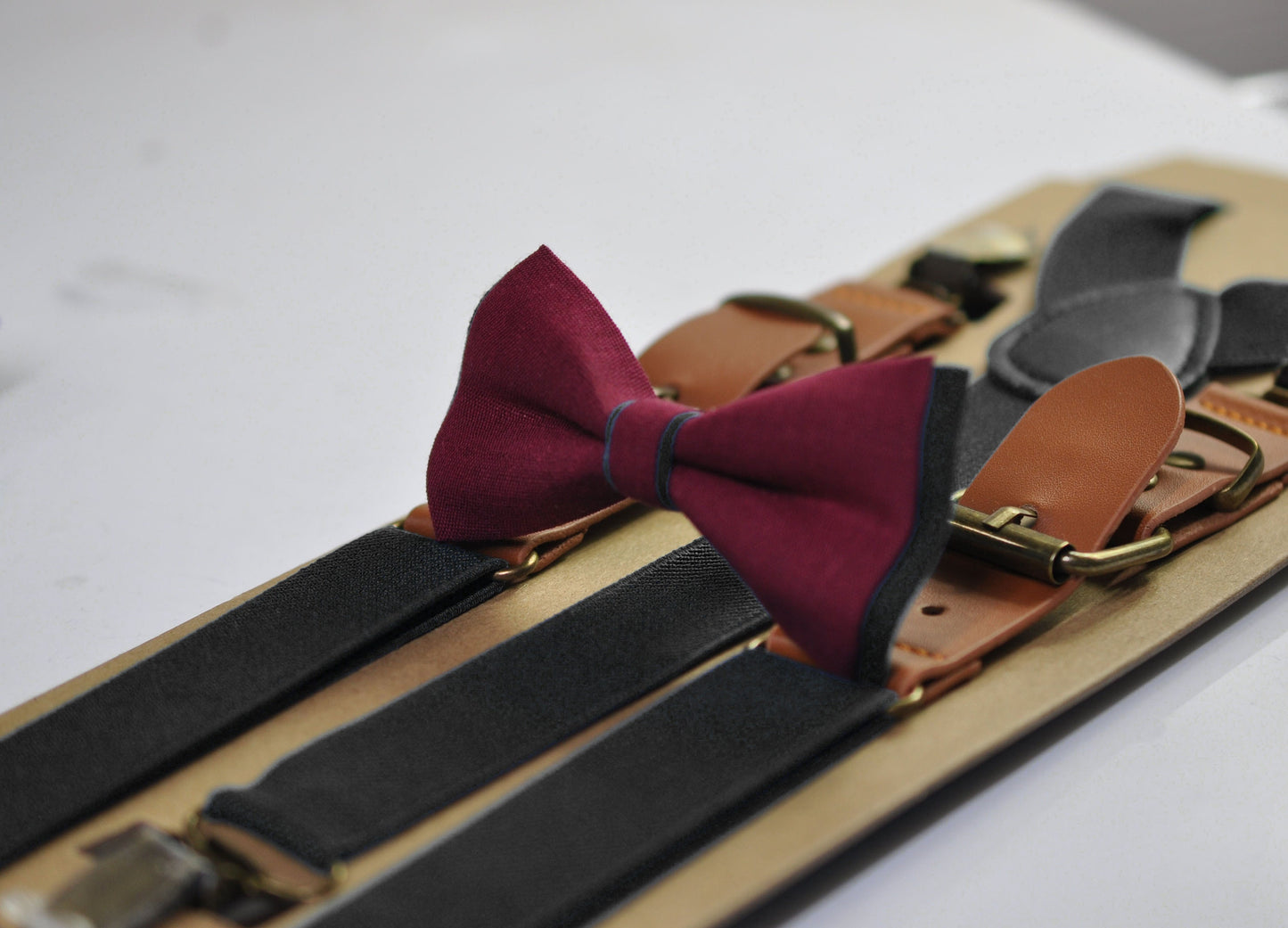 Black and Burgundy Dark Wine Red Bow tie Bowtie + Black Tan Suspenders Braces Men / Youth / Boys Kids / Baby Infant Toddler