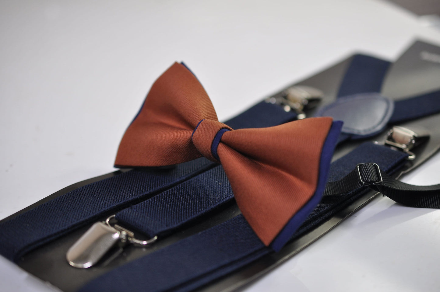 Navy blue and Rust Brown Bow tie Bowtie + Navy Blue Elastic Suspenders Braces Men / Youth/ Boys Kids / Baby Infant Toddler