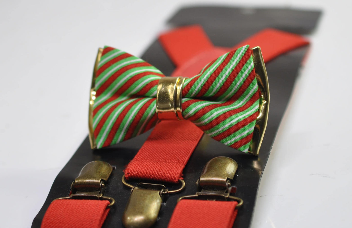Red White Candy Stripes Gold Christmas Xmas Bow tie Bowtie + Red Suspenders Braces Men / Youth/ Boys Kids / Baby Infant Toddler