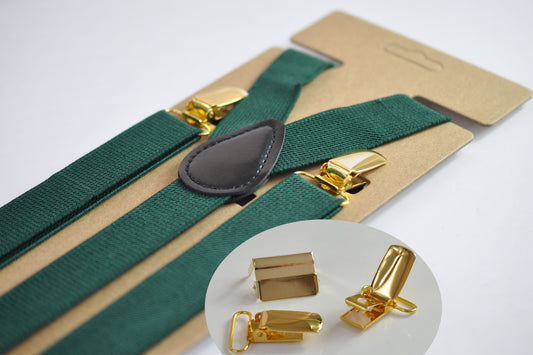 Dark Emerald Green 25MM Elastic Y-Back Suspenders Braces Gold Golden Metal Clips for Men Adult / Youth  / Kids Boy /Toddler Baby Infant