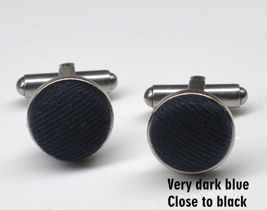 Dark Navy Blue Cotton Fabric Silver Cufflinks