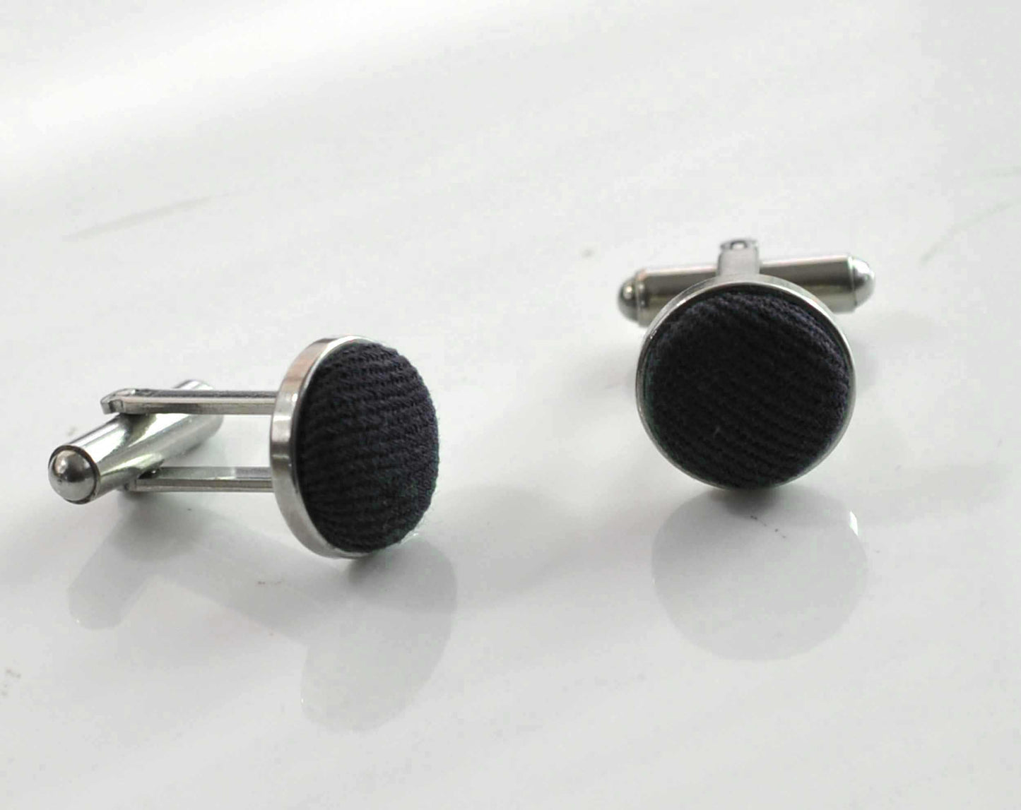 Black Cotton Fabric Silver Cufflinks