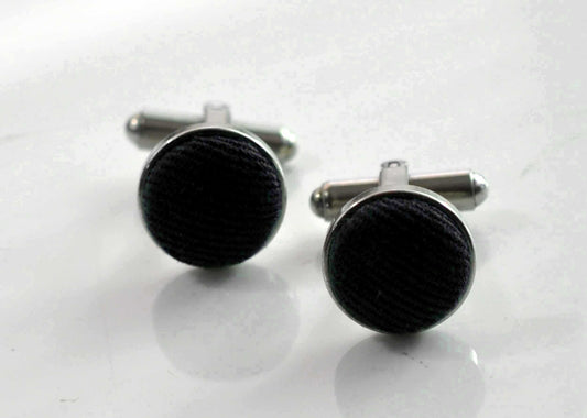 Black Cotton Fabric Silver Cufflinks