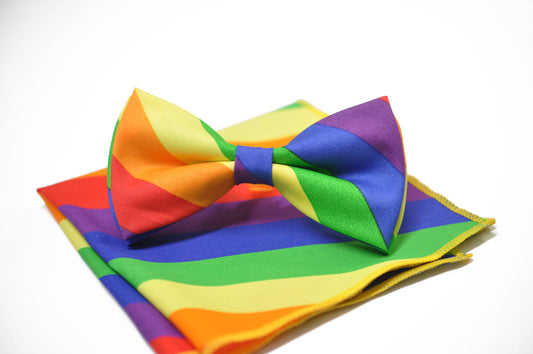 Rainbow Handmade Pre tied Bow tie  Bow tie + Matched Pocket Square Formal Hanky Handkerchief Men Women Unisex