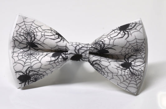 Halloween Bow Tie – Black Spiders Web Print –  White Handmade Bowtie for Party Costume Men / Youth / Boy Kids / Toddler Baby Infant
