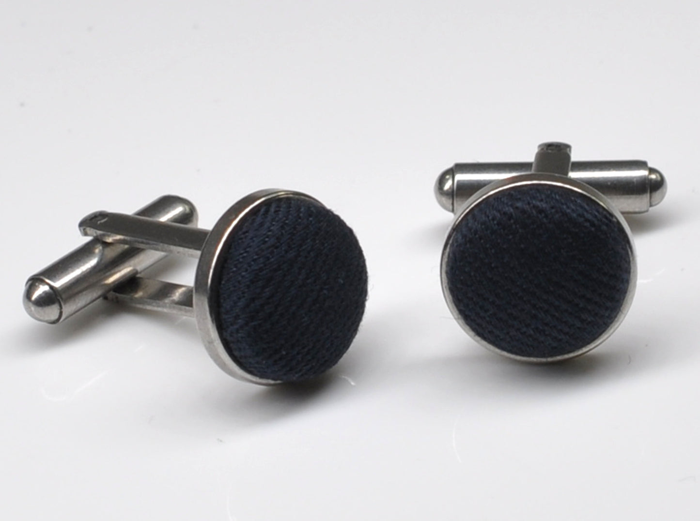 Dark Navy Blue Cotton Fabric Silver Cufflinks