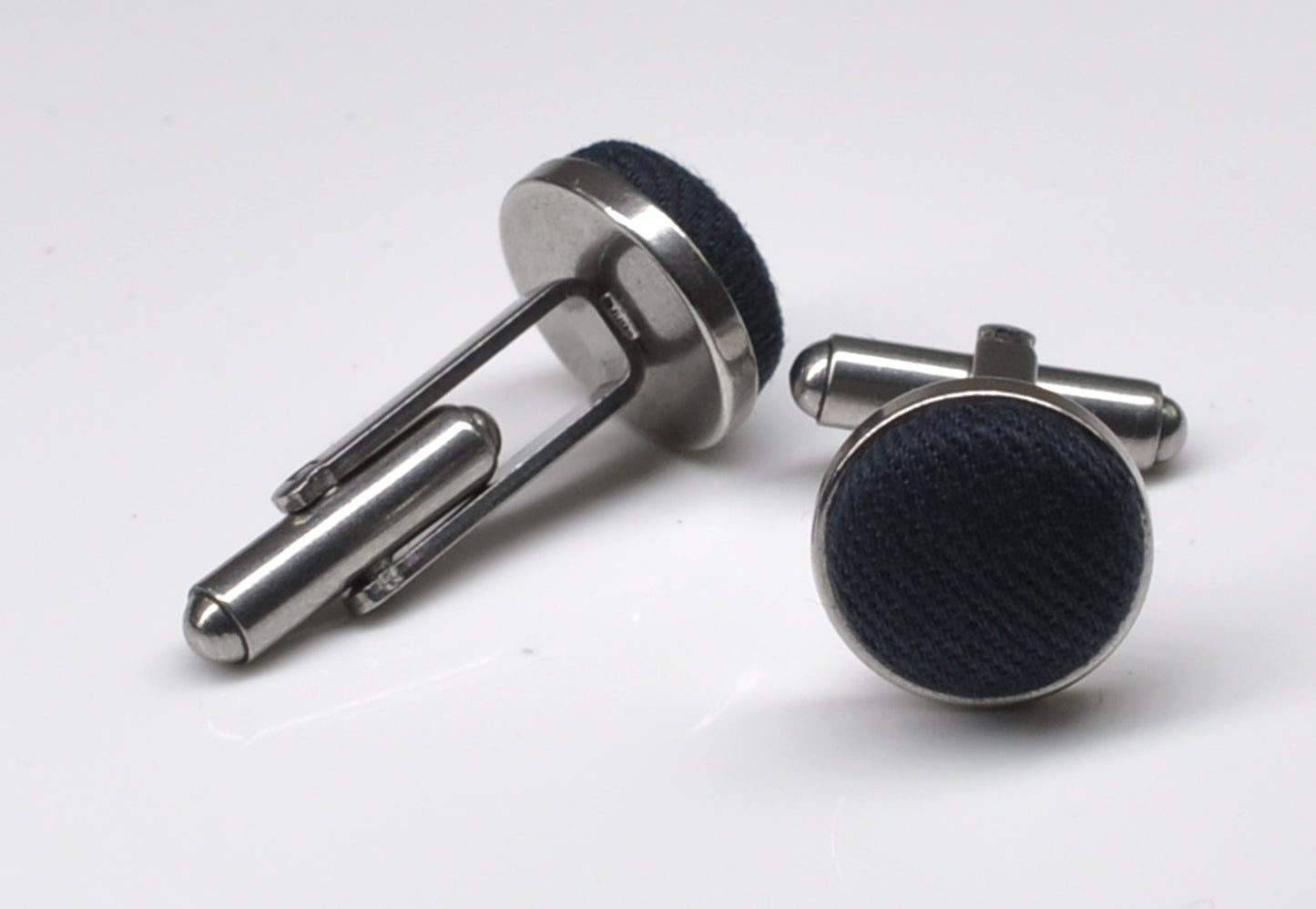 Dark Navy Blue Cotton Fabric Silver Cufflinks