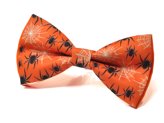 Halloween Bow Tie – Black Spiders Web Print –  Orange Handmade Bowtie for Party Costume Men / Youth / Boy Kids / Toddler Baby Infant