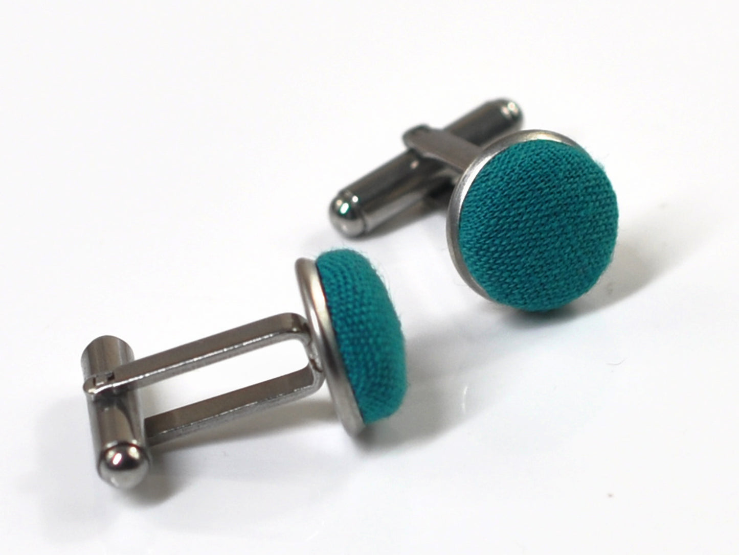 Teal Blue Linen Fabric Silver Cufflinks Cuff Links