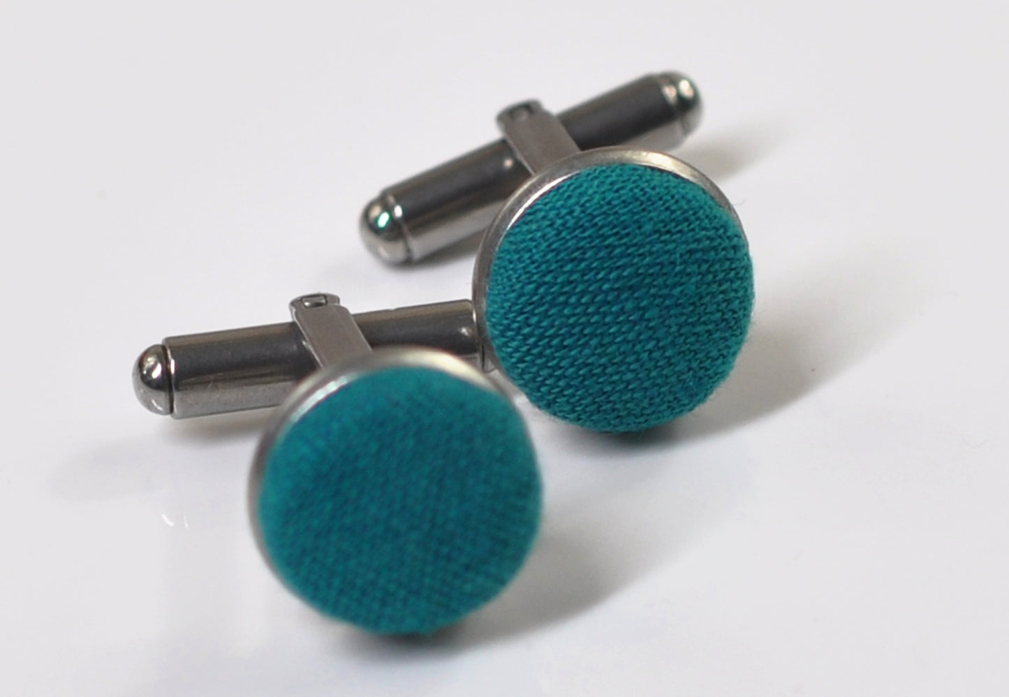 Teal Blue Linen Fabric Silver Cufflinks Cuff Links
