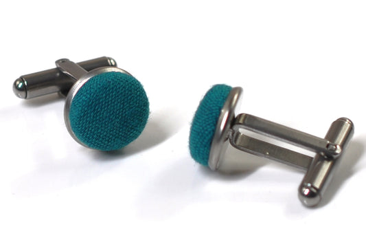 Teal Blue Linen Fabric Silver Cufflinks Cuff Links