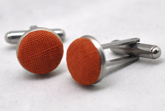 Burnt Orange Linen Fabric Silver Cufflinks Cuff Links