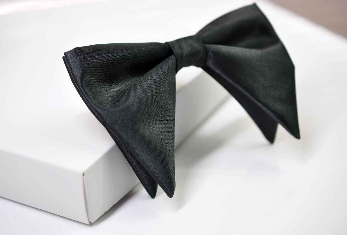 Men Adult BLACK STAIN SILK FEEL Large Butterfly Oversized Oversize Pre tied Hand Made Bow tie Bowtie Wedding