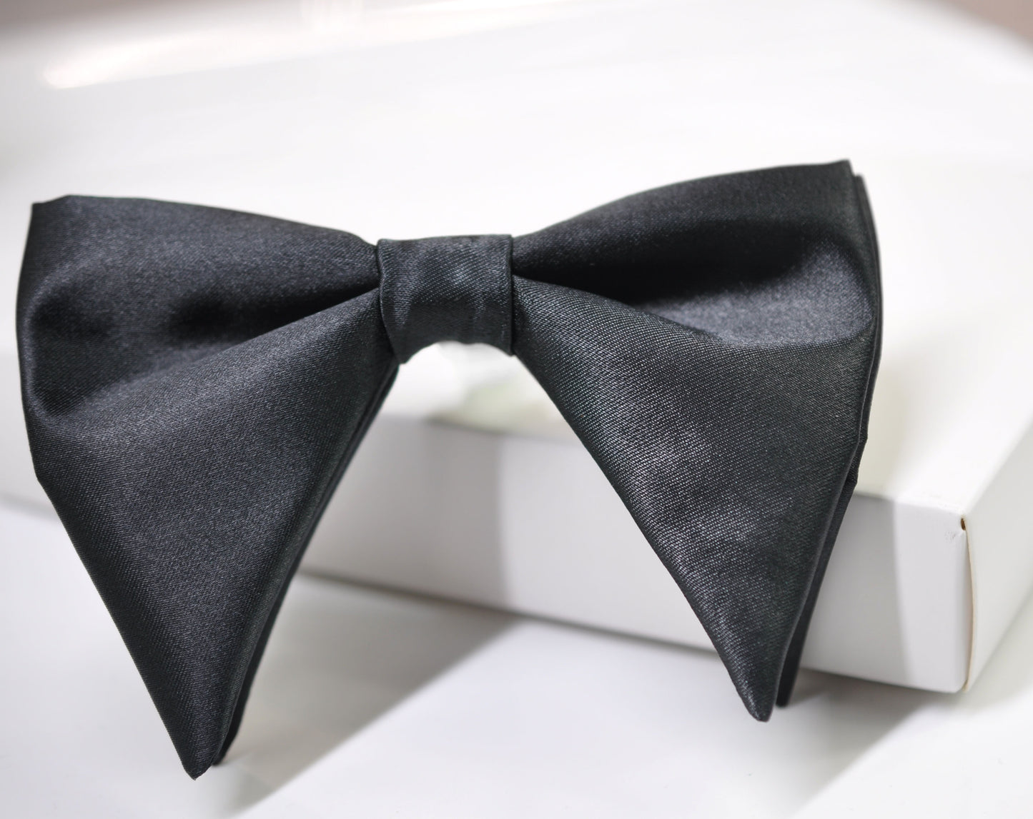 Men Adult BLACK STAIN SILK FEEL Large Butterfly Oversized Oversize Pre tied Hand Made Bow tie Bowtie Wedding