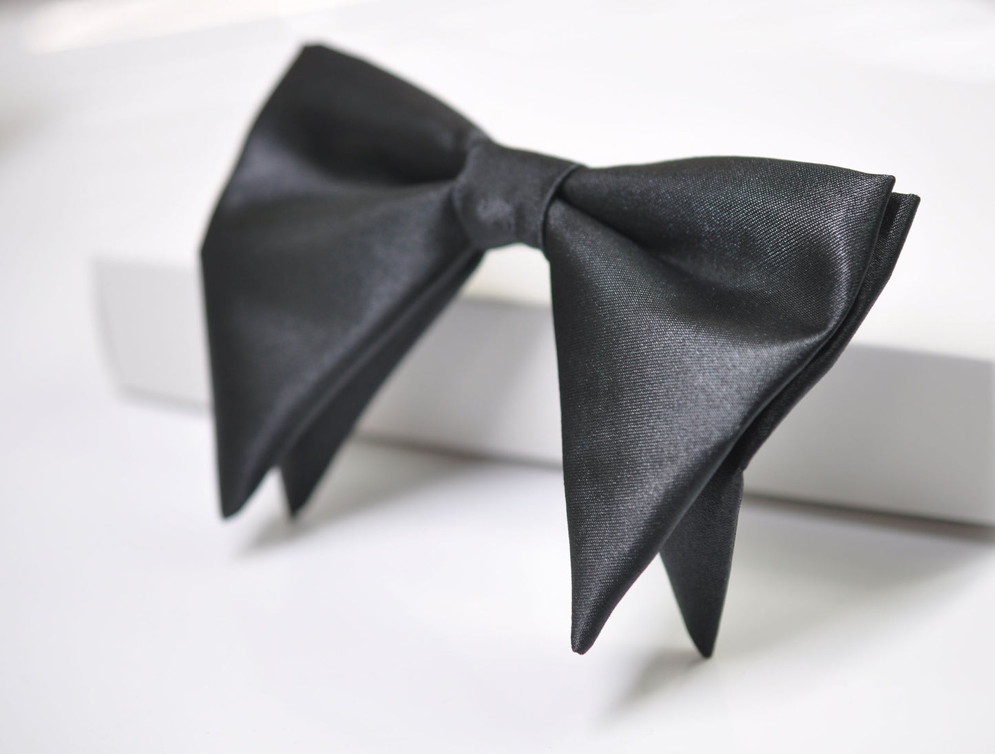 Men Adult BLACK STAIN SILK FEEL Large Butterfly Oversized Oversize Pre tied Hand Made Bow tie Bowtie Wedding