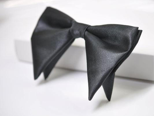 Men Adult BLACK STAIN SILK FEEL Large Butterfly Oversized Oversize Pre tied Hand Made Bow tie Bowtie Wedding