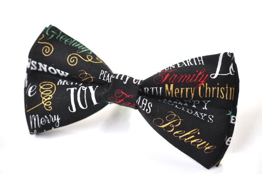 Black Holiday Bowtie with Festive Words Print Christmas Bow Tie Men / Youth / Boy Kids / Toddler Baby Infant