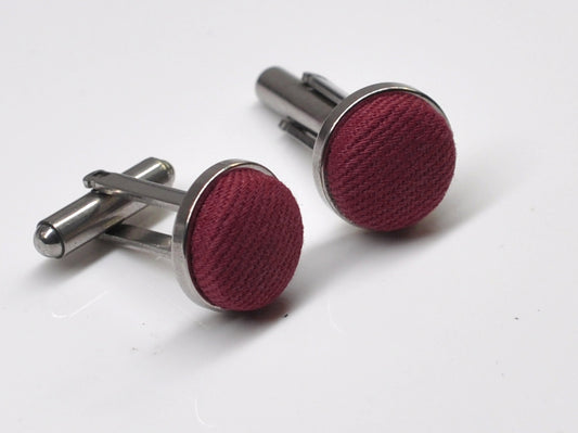 Burgundy Wine Red Cotton Fabric Silver Cufflinks