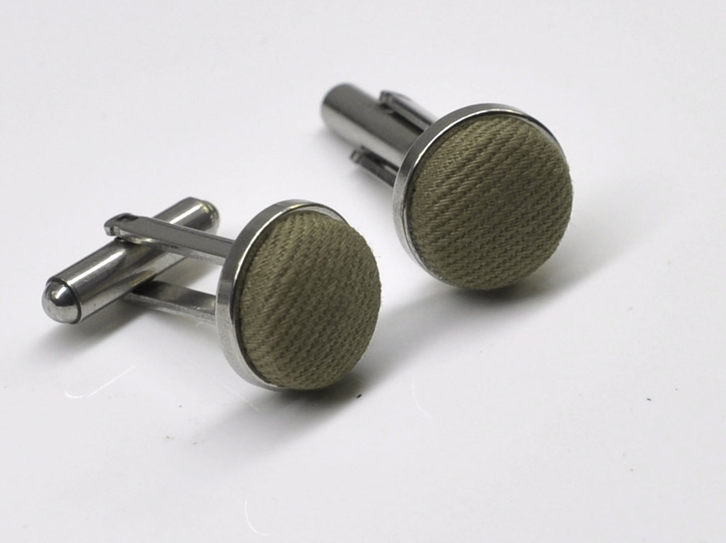 Olive Green Dark Army Green Cotton Fabric Silver Cufflinks