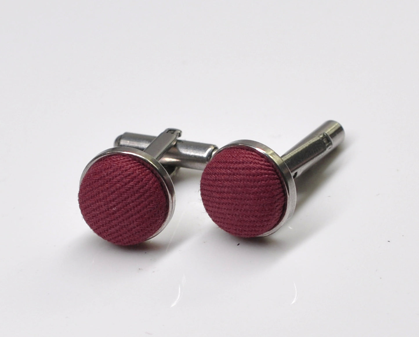 Burgundy Wine Red Cotton Fabric Silver Cufflinks