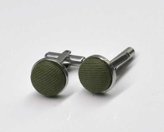 Olive Green Dark Army Green Cotton Fabric Silver Cufflinks