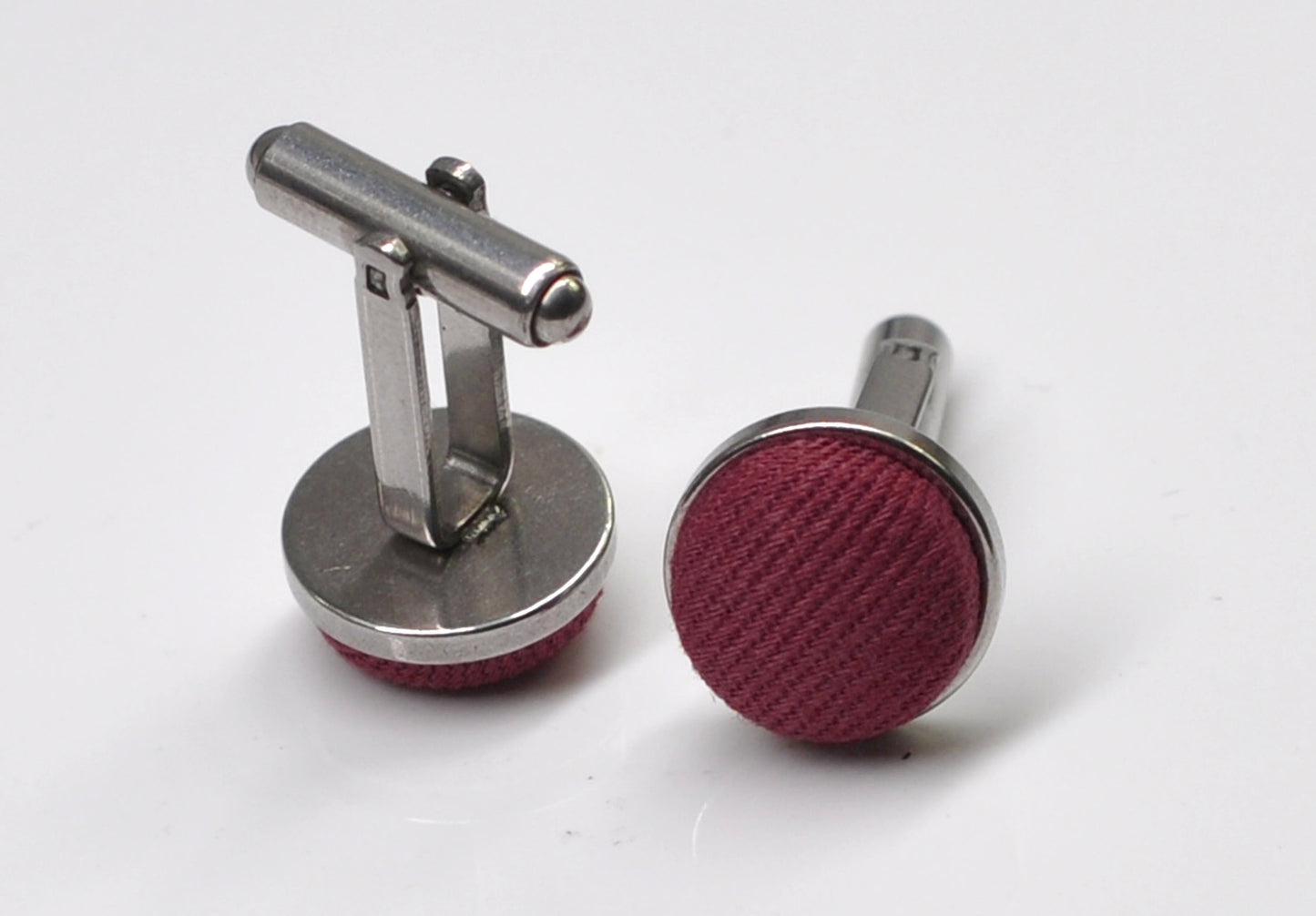 Burgundy Wine Red Cotton Fabric Silver Cufflinks