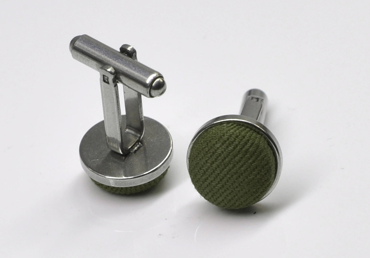 Olive Green Dark Army Green Cotton Fabric Silver Cufflinks