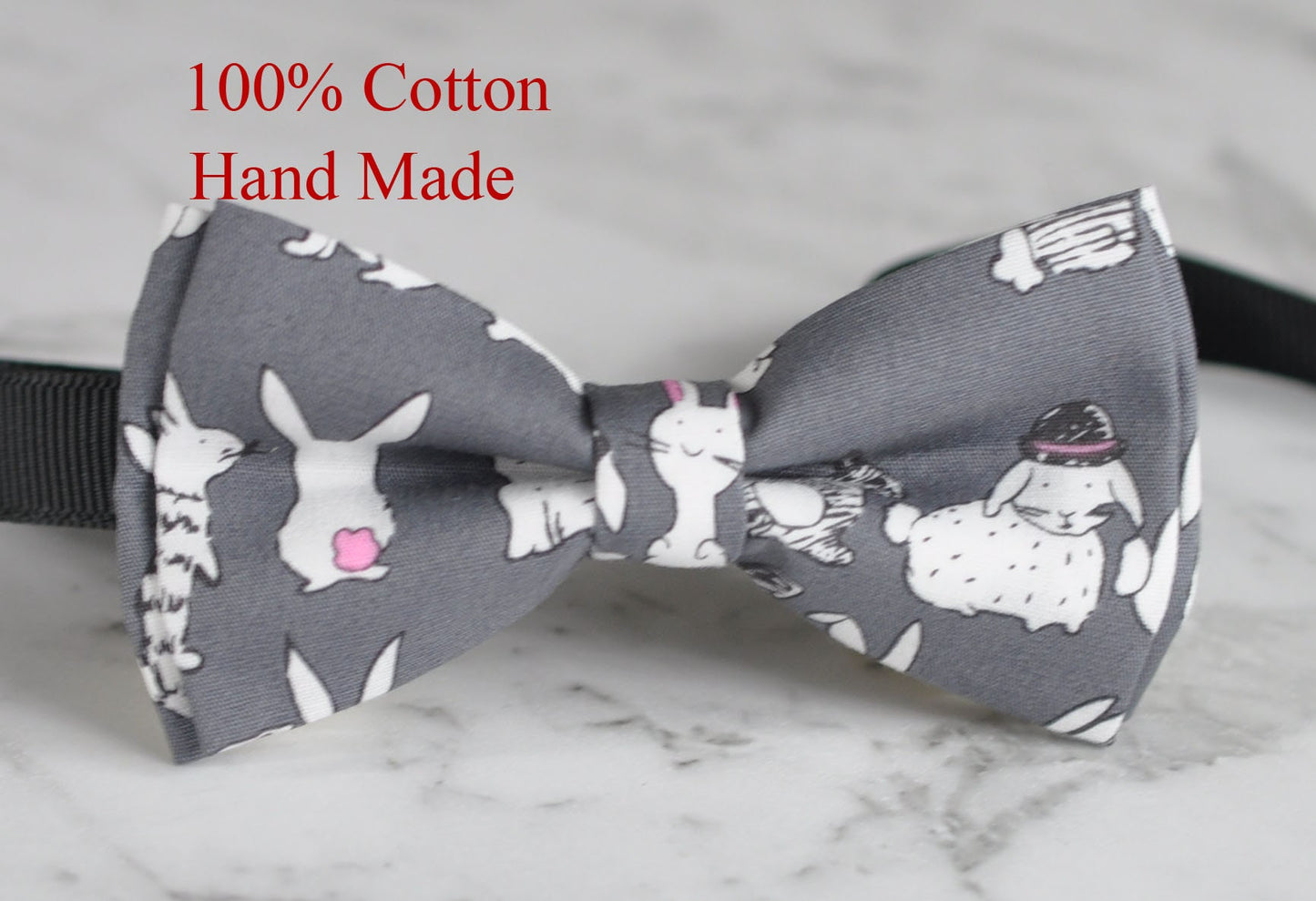 Men Women Grey Gray 100% Cotton Hand Made Bow Tie Rabbit Rabbits Bunny Bunnies Pattern Easter Christmas Bowtie