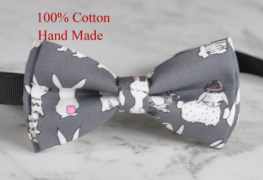 Men Women Grey Gray 100% Cotton Hand Made Bow Tie Rabbit Rabbits Bunny Bunnies Pattern Easter Christmas Bowtie