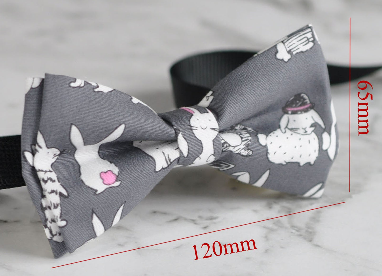Men Women Grey Gray 100% Cotton Hand Made Bow Tie Rabbit Rabbits Bunny Bunnies Pattern Easter Christmas Bowtie