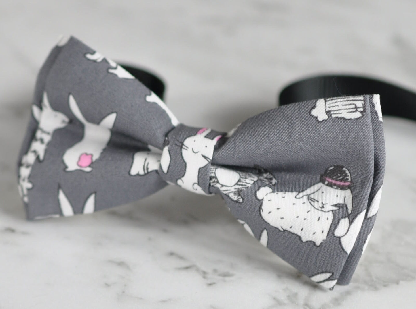 Men Women Grey Gray 100% Cotton Hand Made Bow Tie Rabbit Rabbits Bunny Bunnies Pattern Easter Christmas Bowtie