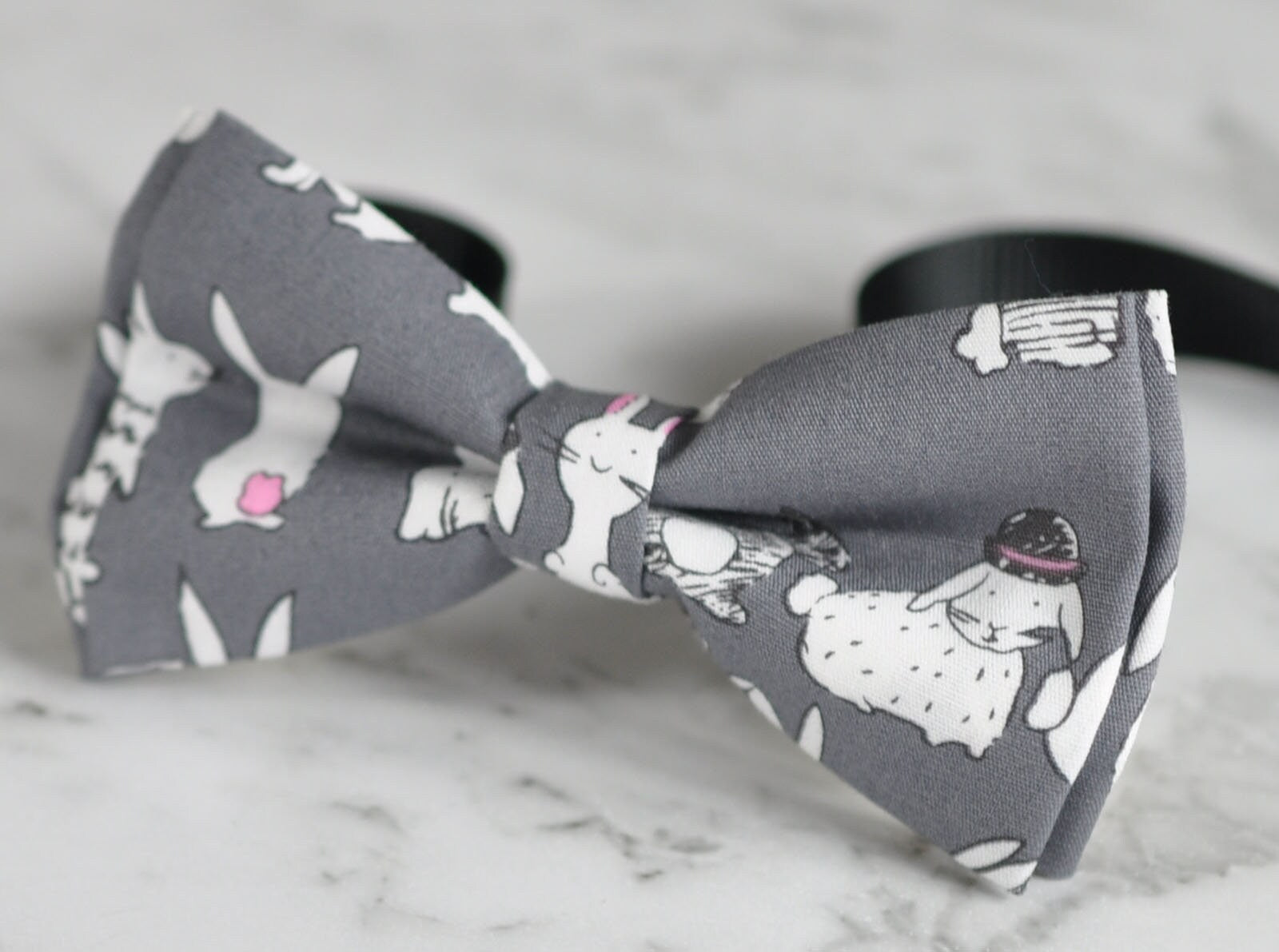 Men Women Grey Gray 100% Cotton Hand Made Bow Tie Rabbit Rabbits Bunny Bunnies Pattern Easter Christmas Bowtie