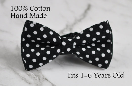 Boy infant Kids Page Boy Baby 100% Cotton BLACK- WHITE DOTS Bow Tie Bowtie Wedding 1-6 Years Old