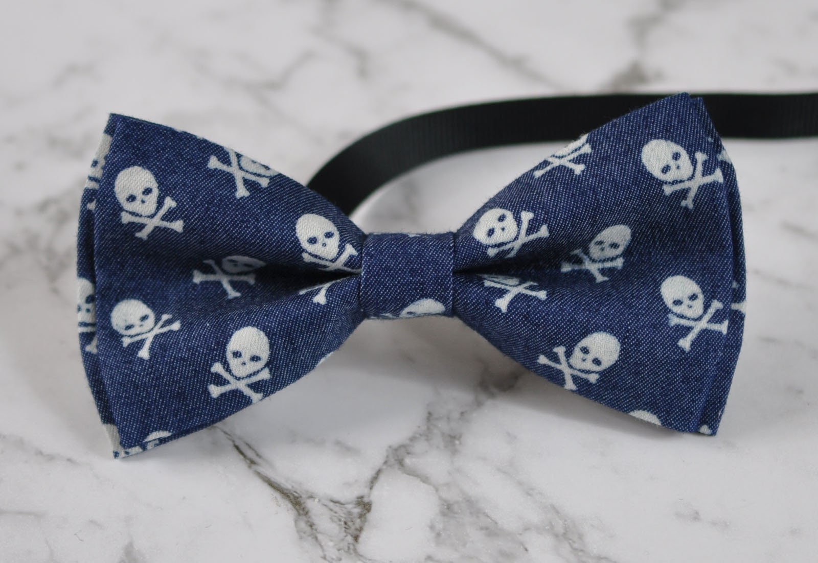 Men Women Navy Blue Skull Skulls Pattern Denim Punk Style Fashion Bow Tie Bowtie Party Halloween Costume