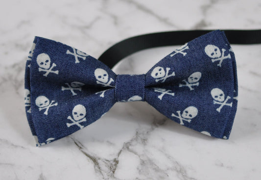 Men Women Navy Blue Skull Skulls Pattern Denim Punk Style Fashion Bow Tie Bowtie Party Halloween Costume