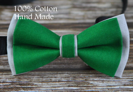 Men Women EVER GREEN and Grey Gray 2 Layers 100% Cotton Hand Made Groomsmen Bowtie Bow Tie Wedding Ball Party