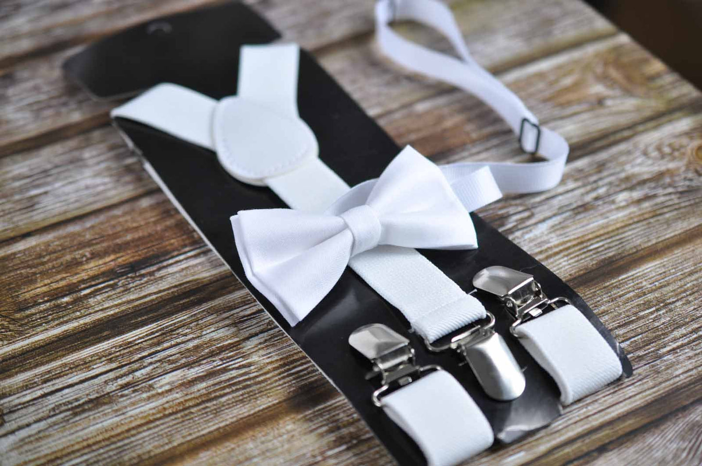 White Clip-on Braces Elastic Suspenders + 100% Cotton White Solid Bowtie Bow Ties for Baby Infant / Boy Kids / Youth Teenage / Men Adult