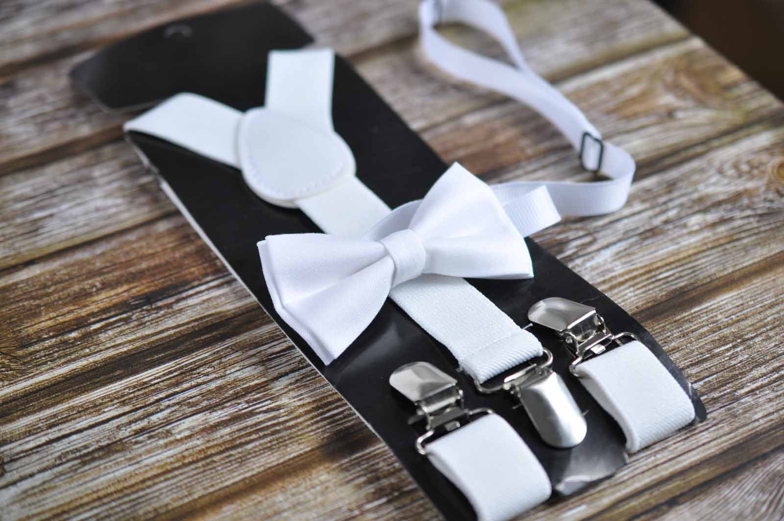 White Clip-on Braces Elastic Suspenders + 100% Cotton White Solid Bowtie Bow Ties for Baby Infant / Boy Kids / Youth Teenage / Men Adult