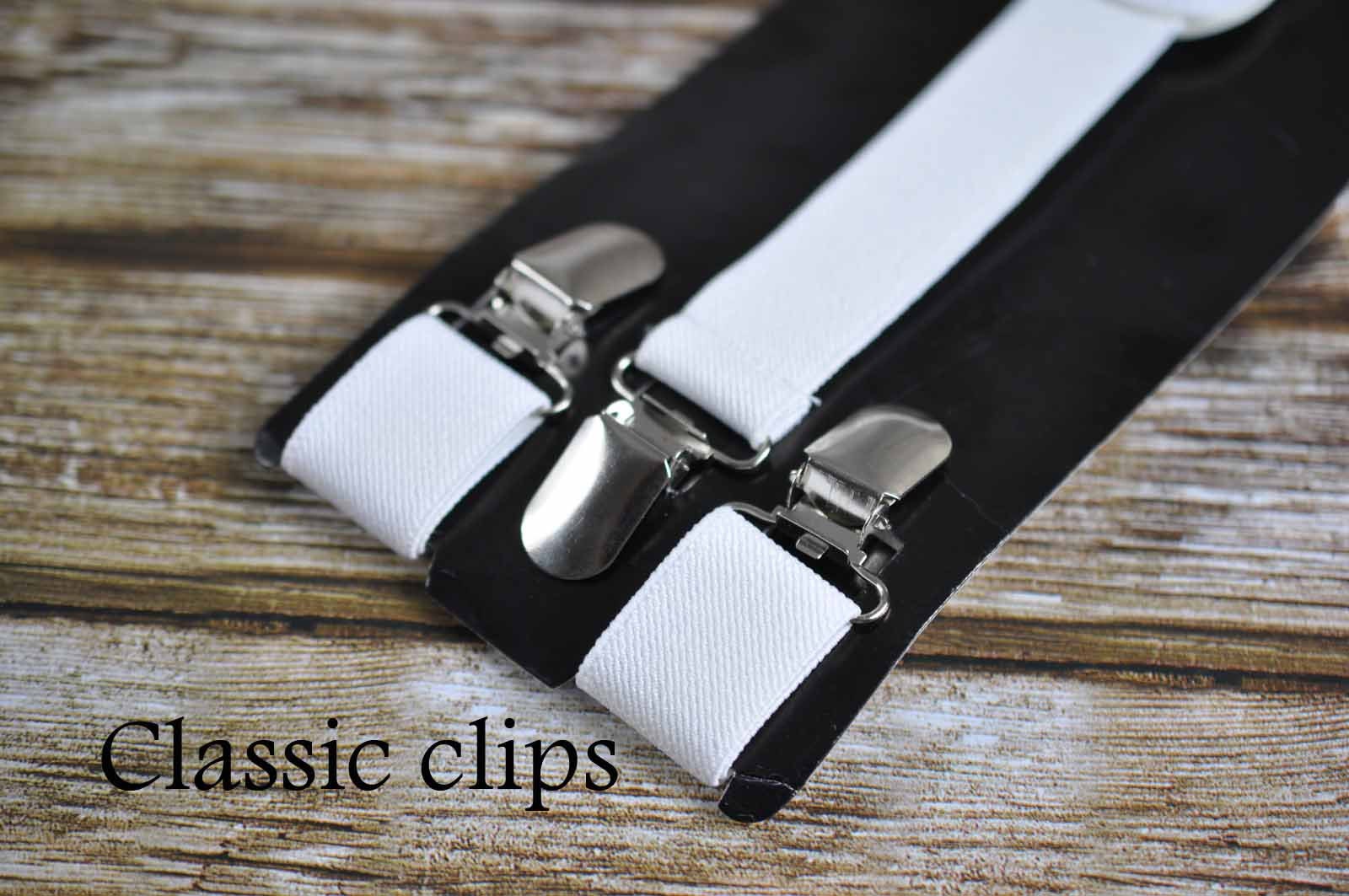 White Clip-on Braces Elastic Suspenders + 100% Cotton White Solid Bowtie Bow Ties for Baby Infant / Boy Kids / Youth Teenage / Men Adult