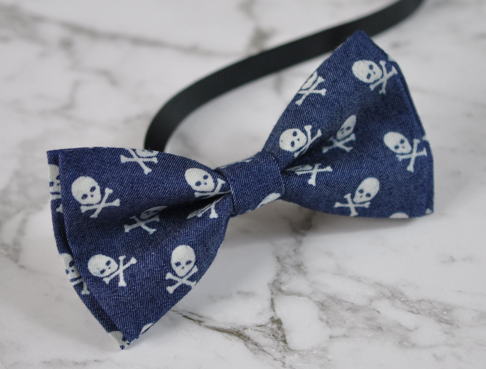 Men Women Navy Blue Skull Skulls Pattern Denim Punk Style Fashion Bow Tie Bowtie Party Halloween Costume