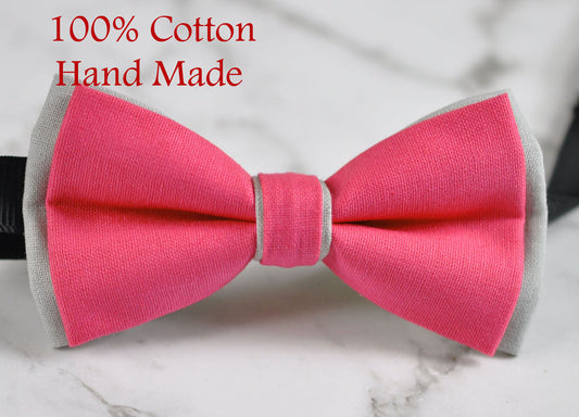 Men Women Hot Pink and Grey Gray 2 Layers 100% Cotton Hand Made Groomsmen Bowtie Bow Tie Wedding Ball Party