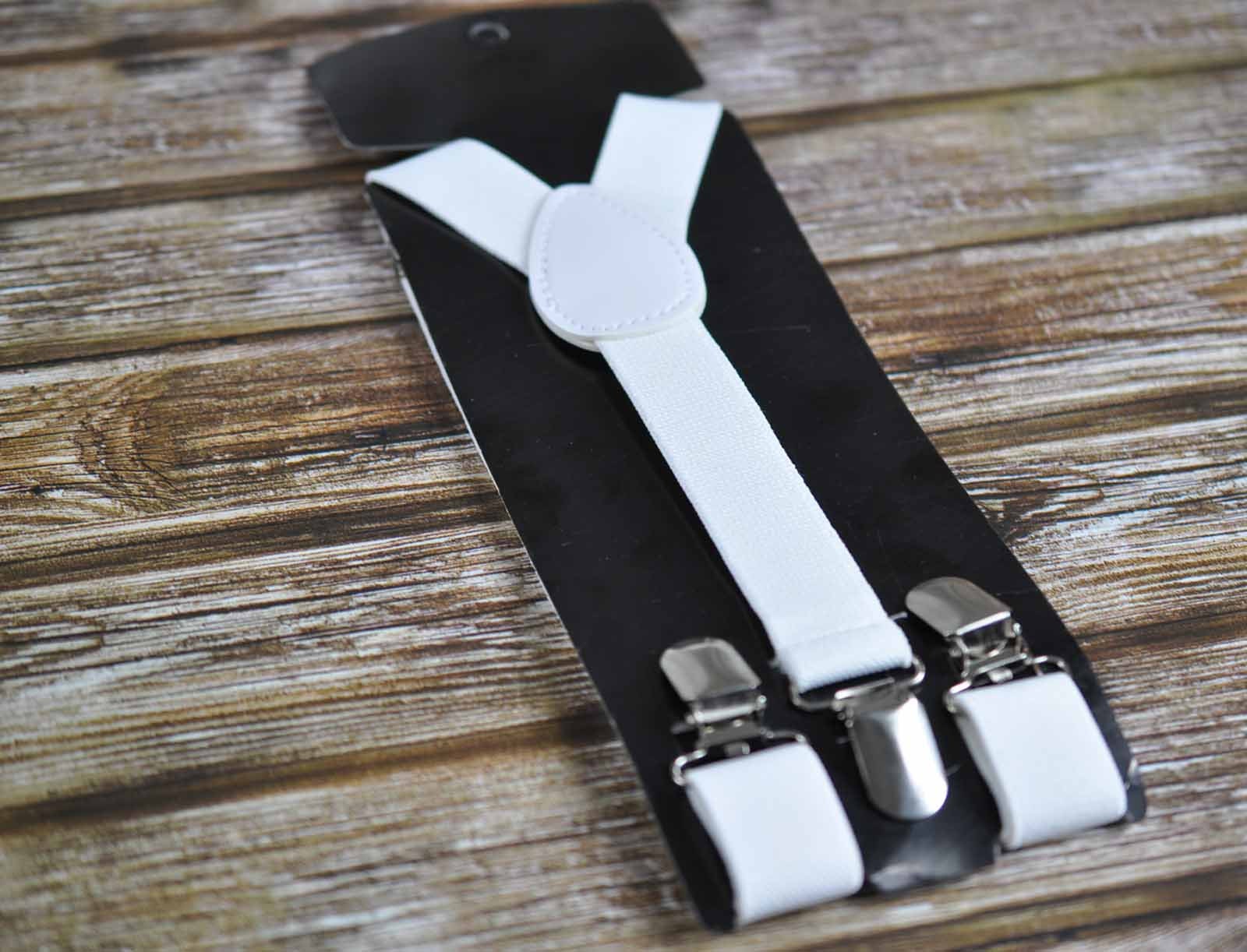 White Clip-on Braces Elastic Suspenders + 100% Cotton White Solid Bowtie Bow Ties for Baby Infant / Boy Kids / Youth Teenage / Men Adult