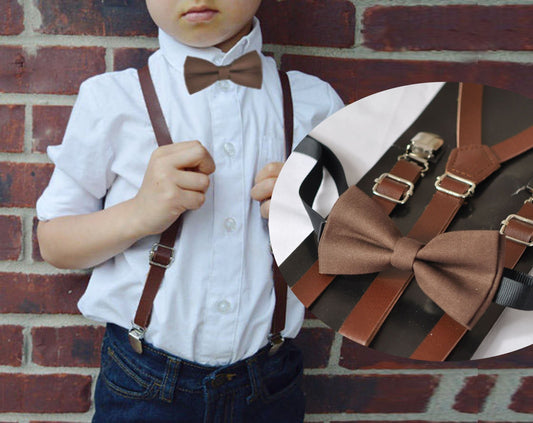 Dark Brown Faux Leather Skinny Adjustable Braces Suspenders + 100% Cotton Brown Bowtie Bow Ties for BOY KIDS Baby Infant or Youth Teenage