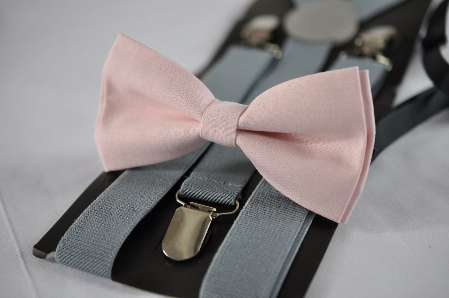 Men Women Grey Adult 25mm Wide Braces Suspenders + 100% COTTON Baby PINK Bow Tie BOWTIE Wedding Party