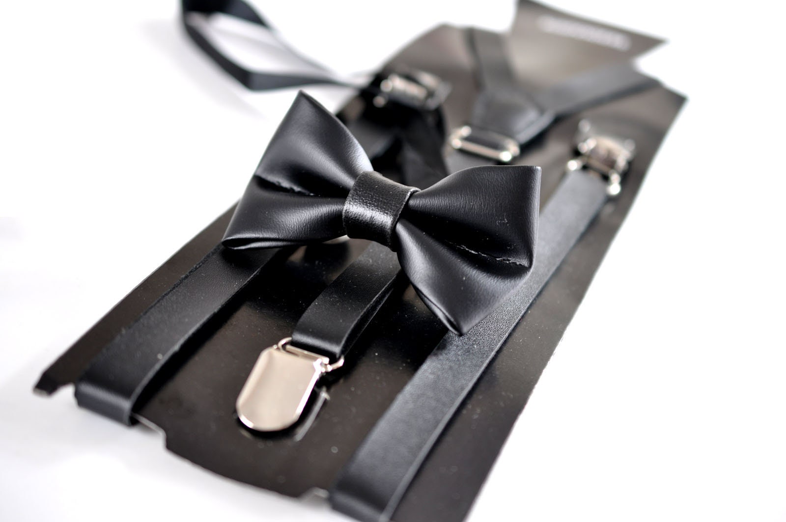 Kids Boys Baby Toddler Black Faux Leather Shining Bow tie and Black Faux Leather Suspenders Braces Wedding Set Fits 1-6 Years Old