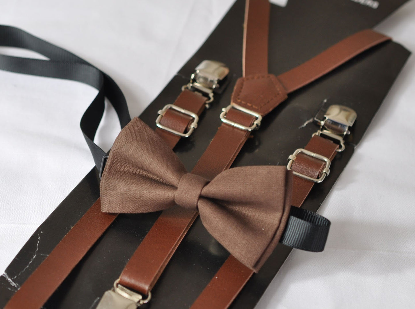 Dark Brown Faux Leather Skinny Adjustable Braces Suspenders + 100% Cotton Brown Bowtie Bow Ties for BOY KIDS Baby Infant or Youth Teenage